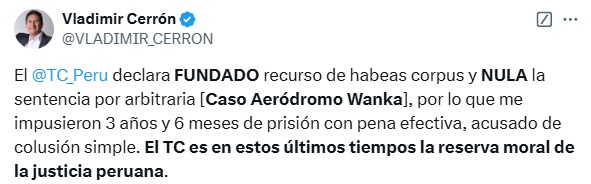 Vladimir Cerrón libre Tribunal Constitucional tumba condena por el caso Aeródromo Wanka en Junín