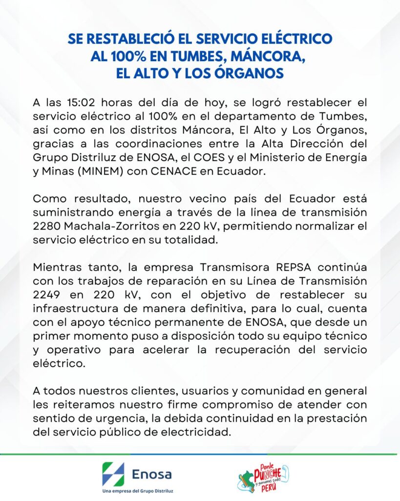 Luego de 24 horas, se restablece la el servicio eléctrico en Tumbes, Máncora, Los Órganos y El Alto 