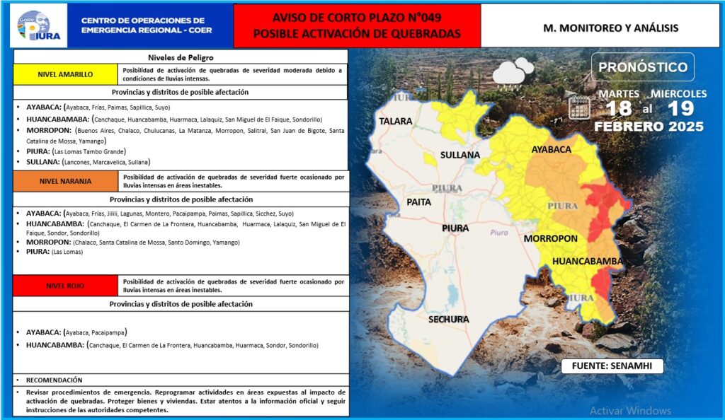 Senamhi emite alerta roja por activación de quebradas en Huancabamba y Ayabaca