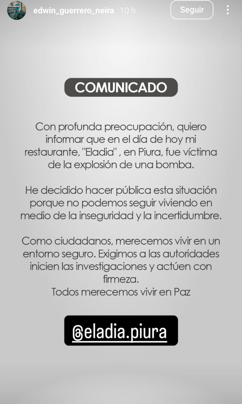 Atentado restaurante Doña Eladia, local de la familia Guerrero Neyra
