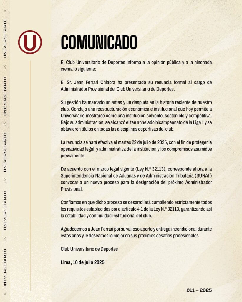 Jean Ferrari renuncia al cargo de administrador temporal de Universitario de Deportes